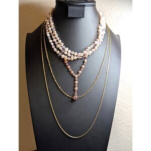 Layered Look Pink Pearl Gold Tone Chain Themed Four Necklace Lot